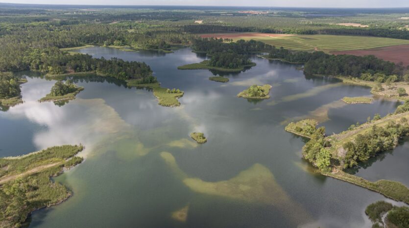 aerial wide shot of lake with small islands